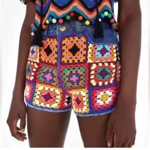 Farm Rio Crochet Denim Granny Square Shorts Size 30 NWT